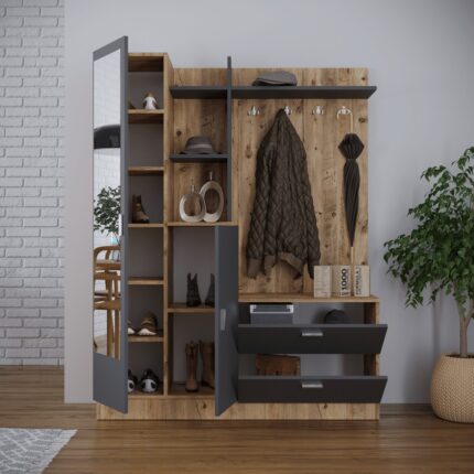 Robin Home Vestiyer Ayakkabılık Portmanto Aynalı Raf Çam-Antrasit - Görsel 3