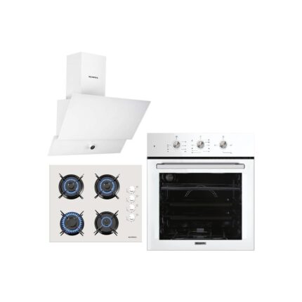Kumtel Beyaz Cam Ankastre Set (DA6-830 Beyaz Davlumbaz + KO-40TAHDF Ankastre Beyaz Ocak + B66 - S2 (Mt) 3 Pro 3 Düğme(Plus) Cam Tel Raf Beyaz)