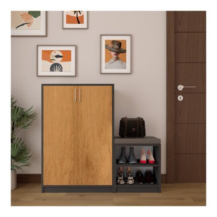 Asra Trend MDF Antrasit/Petra Ayakkabılık - 6 Raflı, Puflu, 2 Kapaklı, Geniş, Çok Amaçlı Dolap, A-30