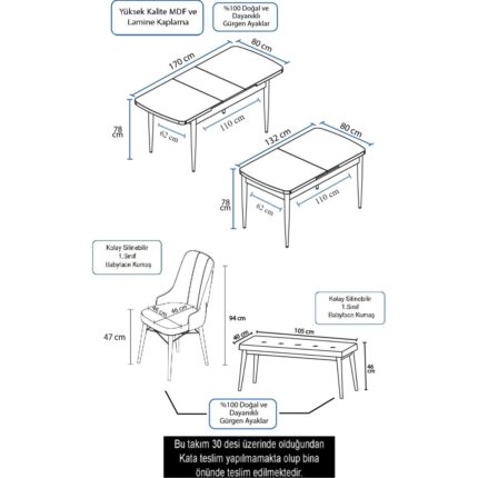 Canisa Concept Iza Serisi, 80 x 132 cm  Mdf Beyaz Masa Ceviz Ayak Mutfak Masa Takımı, 4 Sandalye 1 Bench - Görsel 5