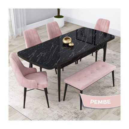 Canisa Concept Kar Serisi, Mdf 80X132 Açılabilir Masa Takımı, Siyah Mermer Desen Masa, 4 Sandalye 1 Bench - Görsel 2