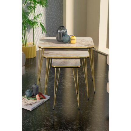 Gold Falez Metal Ayaklı Mermer Desenli 3'lü Zigon Sehpa Seti 37x60 cm Minimalist Tasarım - Görsel 2
