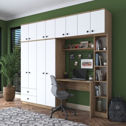Rani BA122 Geniş Gardırop Açık Raflı Elbise Dolabı + Çalışma Masası + Kitaplık Sepet Ceviz - Beyaz 216 x 240 cm - Görsel 4