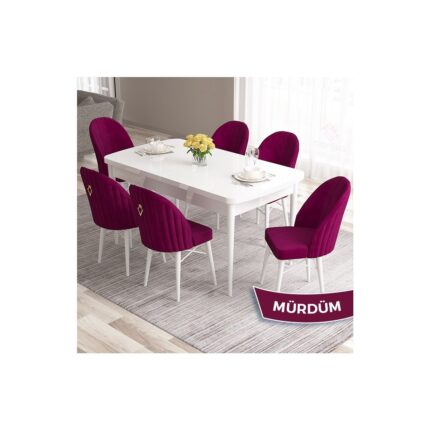 Canisa Concept Roz Serisi 80X132 Mdf Açılabilir Beyaz Mutfak Masası Takımı 6 Sandalye Gold Halkalı