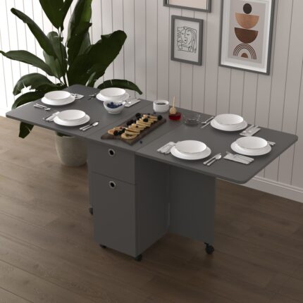 Asra Trend MDF Katlanır Mutfak Yemek Çalışma Masası, Çekmece+Dolap, Koyu Gri, KM-28