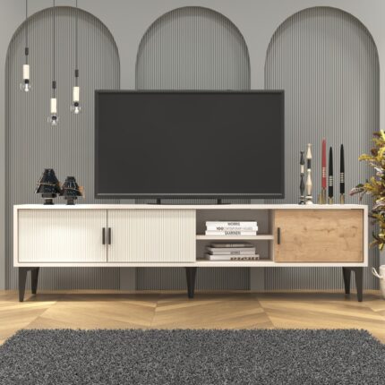 Cool Home Marin Tv Ünitesi Tv Sehpası 180 cm Çizgi Desenli , Raflı , Sis Gri(BEYAZ DEĞİLDİR) - Görsel 2