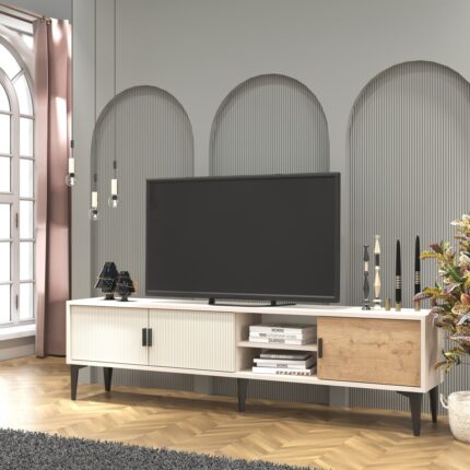 Cool Home Marin Tv Ünitesi Tv Sehpası 180 cm Çizgi Desenli , Raflı , Sis Gri(BEYAZ DEĞİLDİR)