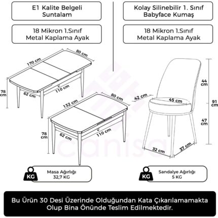 Canisa Pale Serisi 80X132 Açılabilir Beyaz Mutfak Masa Takımı 6 Sandalye Krom Detay - Görsel 5