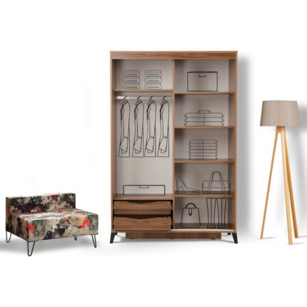 Pasific Home Huga Sürgülü 2 Kapaklı Aynalı Gardırop, Ceviz ,130 cm - Görsel 4