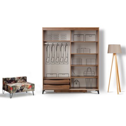 Pasific Home Huga Sürgülü 2 Kapaklı Aynalı Gardırop, Ceviz ,150 cm - Görsel 4