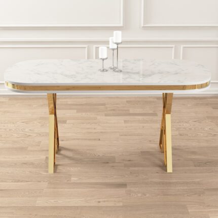 Canisa Lai Serisi 90X168 Lak Panel Beyaz Mermer Desen Gold Ayak Masa Takımı 6 Sandalye - Görsel 4