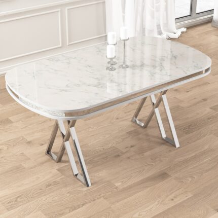 Canisa Lai Serisi 90X168 Lak Panel Beyaz Mermer Desen Krom Ayak Masa Takımı 6 Sandalye - Görsel 3