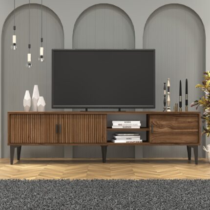 Cool Home Marin Tv Ünitesi 180 cm - Orta Sehpa Seti  Çizgi Desenli , Raflı , Ceviz (Sandık) - Görsel 2