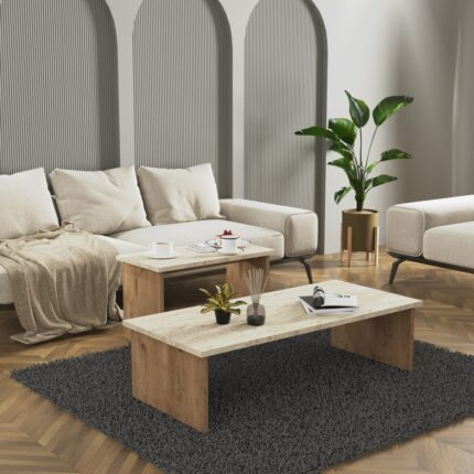 Cool Home Vera 2 ' li Orta Sehpa , Servis Sehpası Sepet - Traverten (Mermer Desen) - Görsel 2
