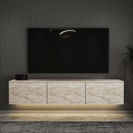 İnarch Dizayn Neon LED Işıklı Duvara Monte, 3 Kapaklı TV Sehpası – 160 cm - Modern Tasarım