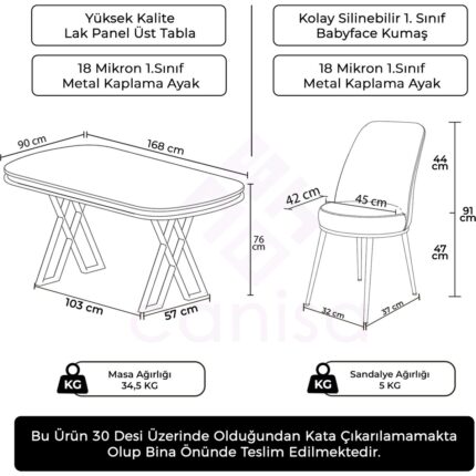 Canisa Lai Serisi 90X168 Lak Panel Beyaz Mermer Desen Krom Ayak Masa Takımı 6 Sandalye - Görsel 5