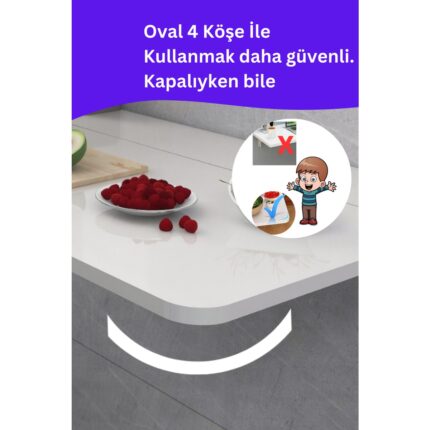 Kydonia Home Mdf Lam 4 Köşesi Oval Parlak Beyaz Sabit Raflı Duvara Monte Kırma Katlanır Yemek Masası - Görsel 3