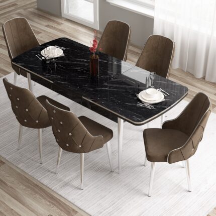 Canisa Tia Serisi, Siyah Mermer Desen 80X132 Açılabilir Mdf Mutfak Masa Takımı Takımı 6 Sandalye Gümüş Detay - Görsel 2