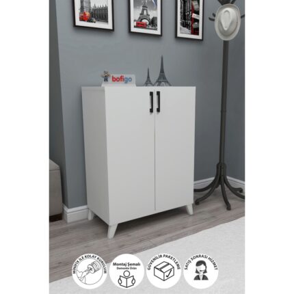 Bofigo 4 Raflı 2 Kapaklı Ayakkabılık Çok Amaçlı Dolap Ayakkabı Dolabı Ceren Beyaz