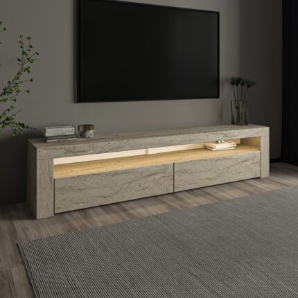 İnarch Dizayn Batı LED Işıklı 2 Kapaklı TV Sehpası – 150 cm – Minimal Tasarım, Traverten Desen - Görsel 2