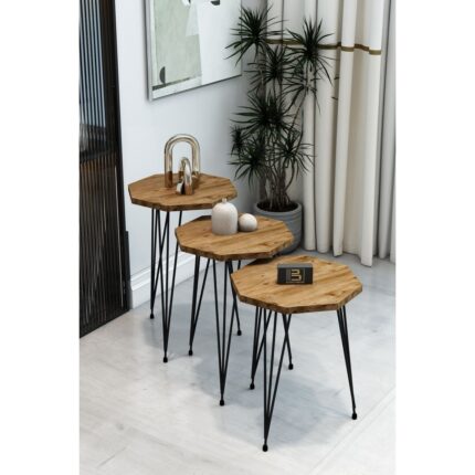 Barin Design 3'lü Sekizgen Zigon Sehpa ve Dikdörtgen Orta Sehpa Takımı Modern Siyah Metal Ayaklı Salon Sehpa Seti - Görsel 3