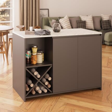 Bimossa Vino L5130 Mutfak Adası 127 cm  Mermer Üst Antrasit Alt Şaraplık Depolamalı Oturmalı Çok Amaçlı Ada Masa
