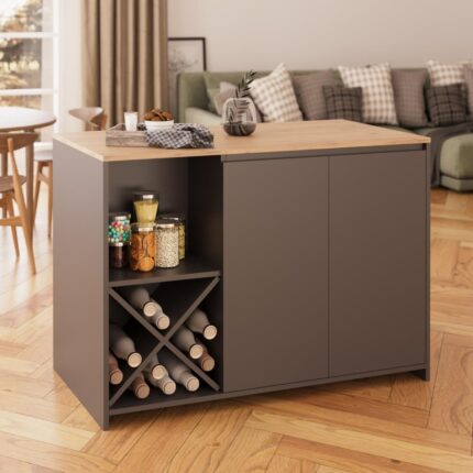 Bimossa Vino L5120 Mutfak Adası 127 cm  Sepet Ahşap Üst Antrasit Alt Şaraplık Oturmalı Depolamalı Çok Amaçlı Masa