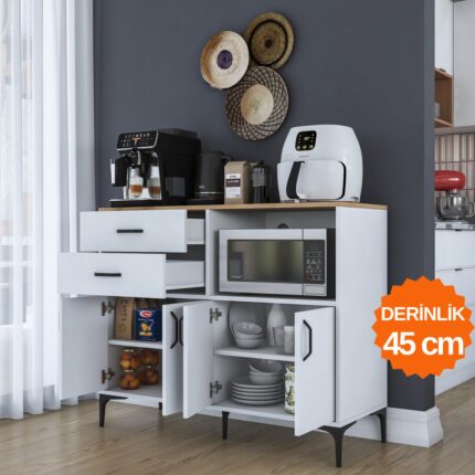 Rani JE206 Kahve Köşesi Çok Amaçlı Dolap 4 Kapaklı 2 Çekmeceli Kiler Mutfak Dolabı Beyaz - Sepet Ceviz - Görsel 4