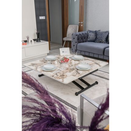 Sehpam Akıllı Home Üst Tabla Mdf Beyaz Mermer Desen Oval Köşe Alt Ayak Siyah - Görsel 5