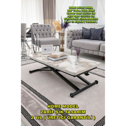 Sehpam Akıllı Home Üst Tabla Mdf Beyaz Mermer Desen Oval Köşe Alt Ayak Siyah