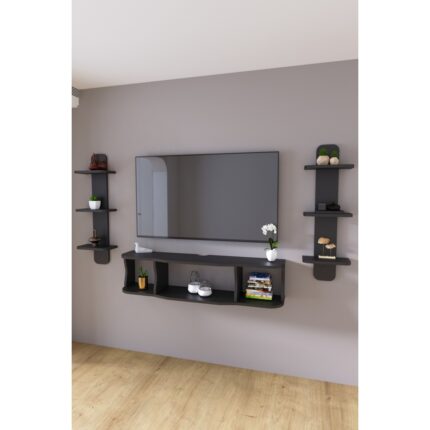 HMC Decor 120 cm  Ayaksız Duvara Monteli Tv Ünitesi ve 2 Adet 90 cm  Uzunluk Duvar Rafı - Görsel 3