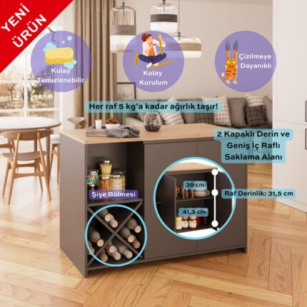 Bimossa Vino L5120 Mutfak Adası 127 cm  Sepet Ahşap Üst Antrasit Alt Şaraplık Oturmalı Depolamalı Çok Amaçlı Masa - Görsel 2