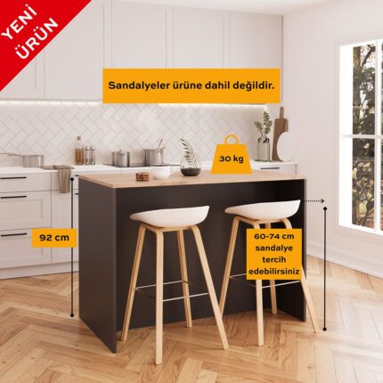 Bimossa Vino L5120 Mutfak Adası 127 cm  Sepet Ahşap Üst Antrasit Alt Şaraplık Oturmalı Depolamalı Çok Amaçlı Masa - Görsel 4