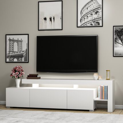 İnarch Dizayn Beliz Modern LED Işıklı 3 Kapaklı, Raflı TV Sehpası – 192 cm - Beyaz - Görsel 2
