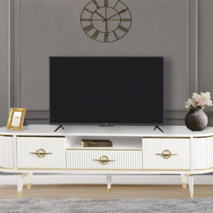 Neva Mobilya Duru TV Sehpası Beyaz Gold 2 Kapaklı 1 Çekmeceli Oval Detaylı Sehpa 180x40x53 Cm - Görsel 2