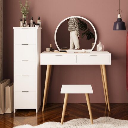 Bimossa Lucy Makyaj Masası Takımı U1050 – Beyaz | Aynalı, Tabureli, Çekmeceli Dolaplı