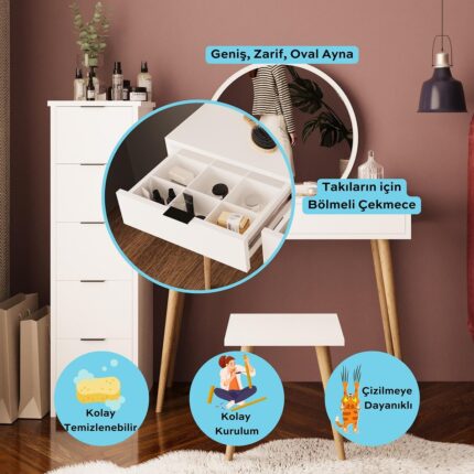 Bimossa Lucy Makyaj Masası Takımı U1050 – Beyaz | Aynalı, Tabureli, Çekmeceli Dolaplı - Görsel 2