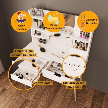Bimossa A4050 Bella Doğal Ayaklı Aynalı Takı Askılı Makyaj Masası Beyaz - Görsel 2