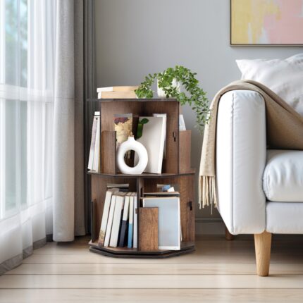 Vigo Wood 360 Derece Dönebilir Ahşap Kitaplık 2 Katlı Ceviz-DK20C - Görsel 4