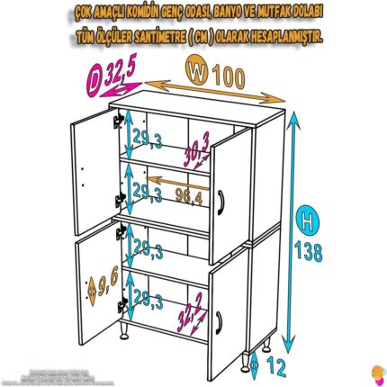 Modilayn İLKİM 100x138x32,5 cm Ekstra Düzen İçin Kullanışlı 4 Kapak 4 Bölmeli Banyo Mutfak Dolabı - Görsel 4