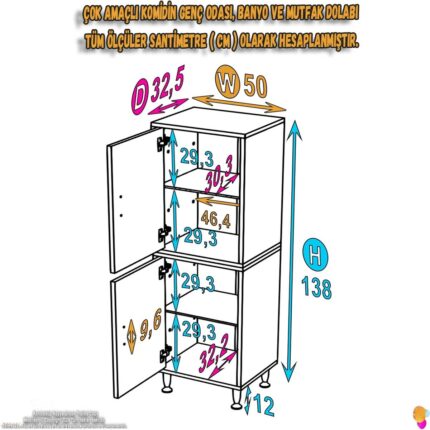 Modilayn İLKİM 50x138x32,5 cm Ekstra Düzen İçin Kullanışlı 4 Kapak 4 Bölmeli Banyo Mutfak Dolabı - Görsel 4