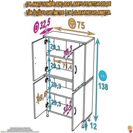 Modilayn İLKİM 75x138x32,5 cm Ekstra Düzen İçin Kullanışlı 4 Kapak 4 Bölmeli Banyo Mutfak Dolabı - Görsel 4