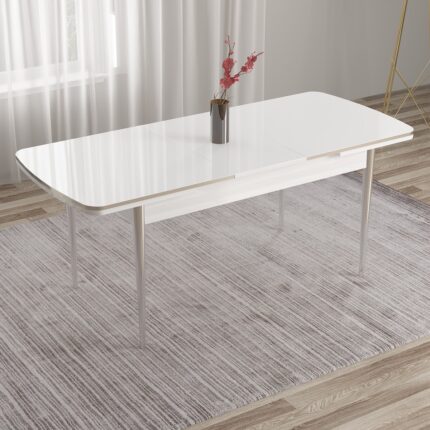 Canisa Nira Serisi 70X114 Mdf Açılabilir Beyaz Masa Takımı 6 Krem Sandalye Krom Detay - Görsel 3