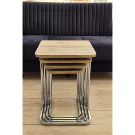 Home Plus Mobilya 4'lü Tekerlekli Zigon Sehpa Gümüş Ayak Atlantik Çam 18MM Mdf - Görsel 5