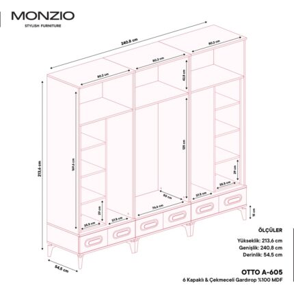 Monzio Otto 6 Kapaklı Çekmeceli Gardırop Tamamı Mdf (Aytaşı) - Görsel 4