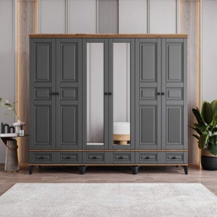 Monzio Terra 6 Kapaklı Çekmeceli Gardırop Tamamı Mdf (Antrasit)
