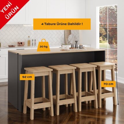 Bimossa Gustav G4722 4 Adet Bar Tabureli Mutfak Adası Sepet Tabure Antrasit Ahşap Şaraplık Çok Amaçlı Dolap - Görsel 4