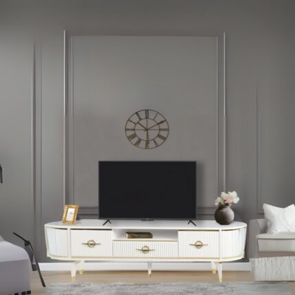 Neva Mobilya Duru TV Sehpası Beyaz Gold 2 Kapaklı 1 Çekmeceli Oval Detaylı Sehpa 180x40x53 Cm