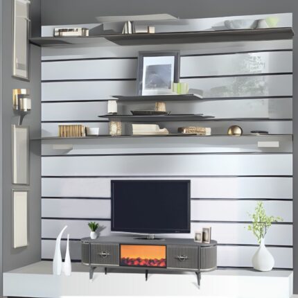 Neva Mobilya Maya Şömineli Tv Sehpası Antrasit Gümüş Oval 2 Kapaklı 1 Çekmeceli Metalik Detaylı 180x40x53 Cm