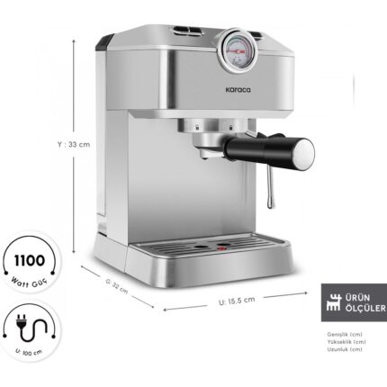 Karaca Coffee Art 1101 Süt Köpürtücülü, 20 Bar Basınçlı, Espresso, Latte, Cappuccino, Americano Makinesi 1,5l Inox - Görsel 2